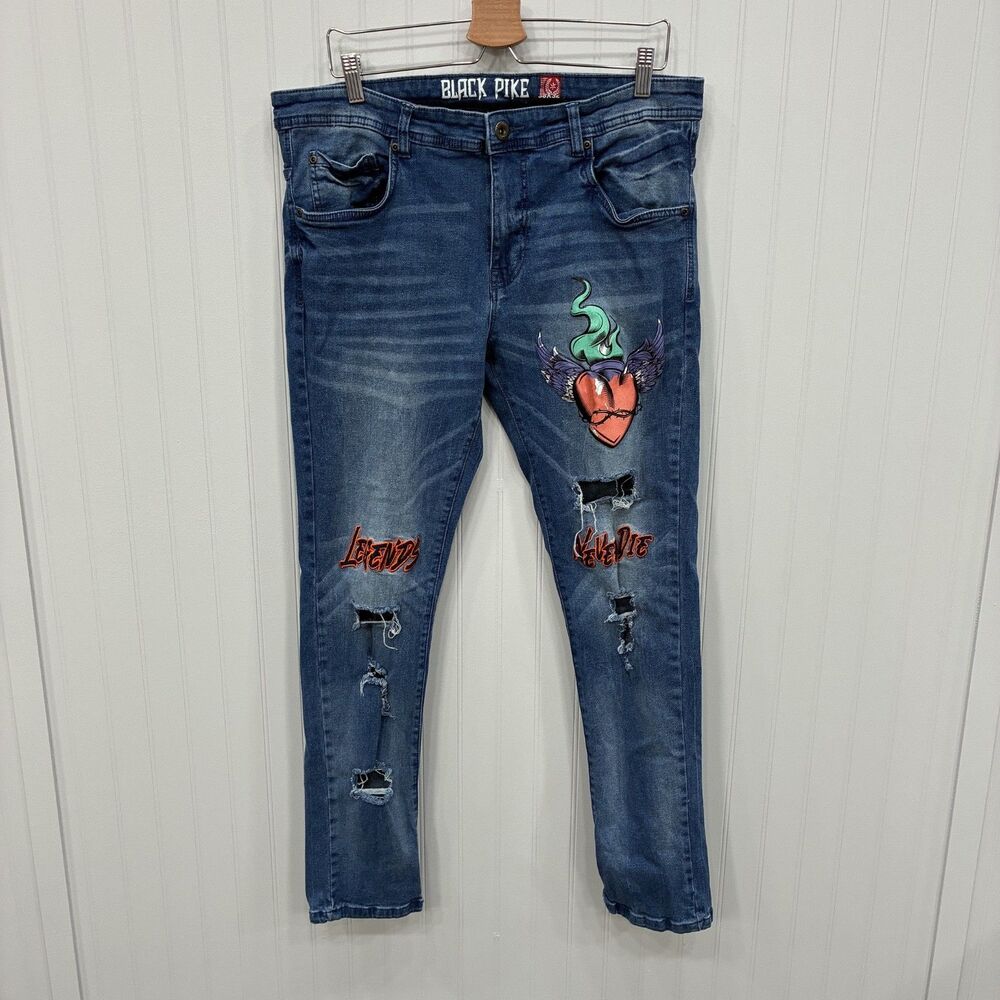 Black Pike Men's 38x32 Blue Distressed Denim Moto Biker Tapered Jeans Streetwear